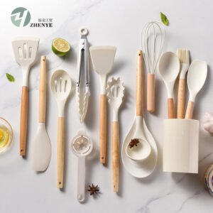 14-Piece Light Silicone Kitchenware Set with Wooden Handles – Cooking Shovel, Spoon, and More - Image 1